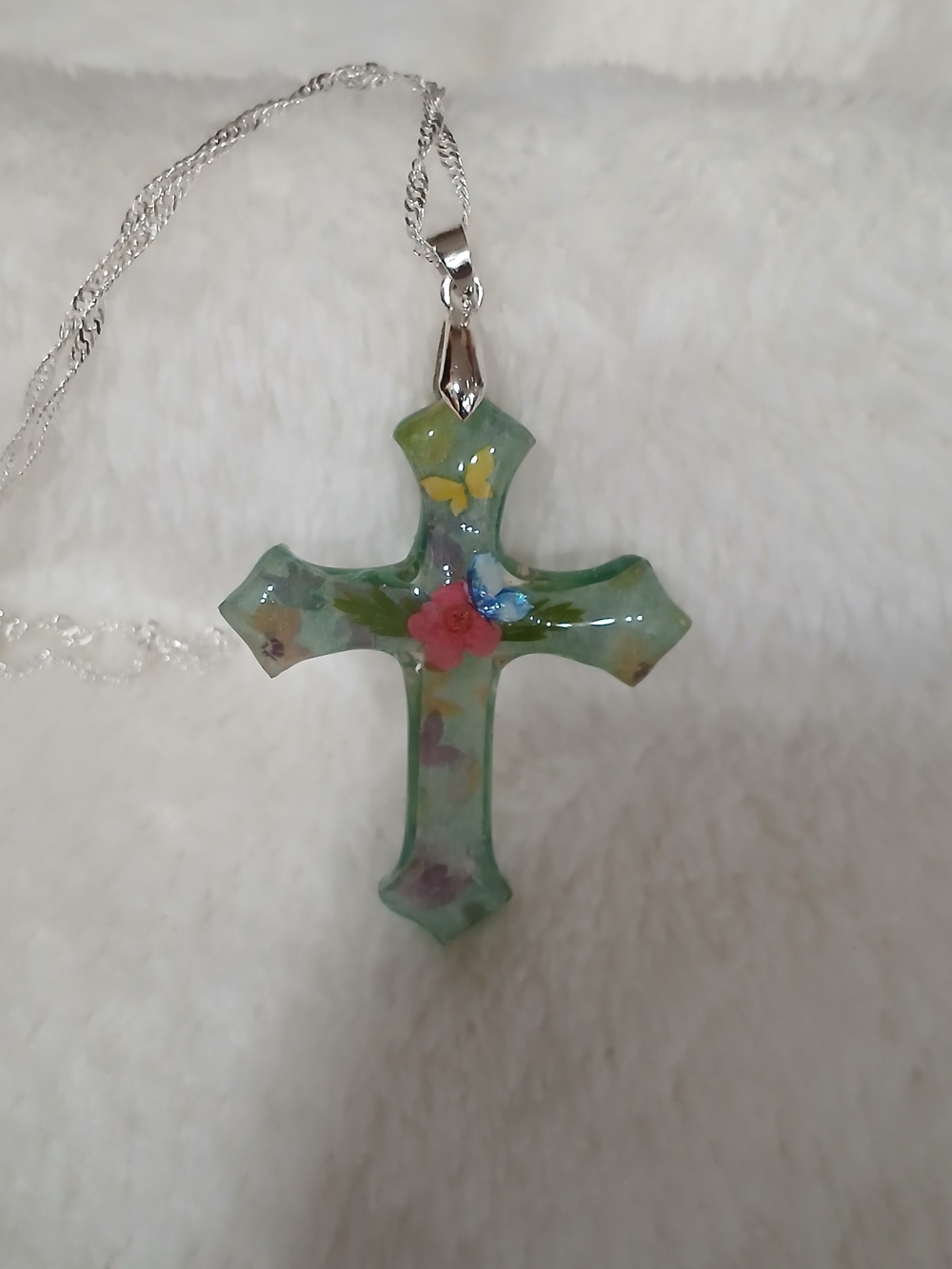 Green Floral Cross Pendant Necklace - Unbranded